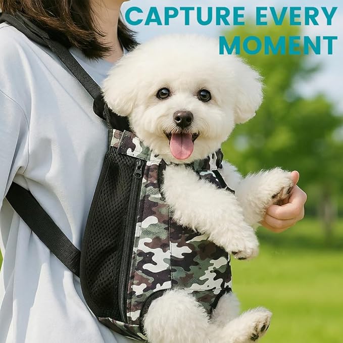 Dog Backpack Carrier, Front Pocket for Essentials, Legs Out Carrying Sling Travel Bag for Small Medium Dogs 4-7 Lbs, Soft Wearable Puppy Chest Carry Backpacks for Walking/Hiking/Camping/Traveling