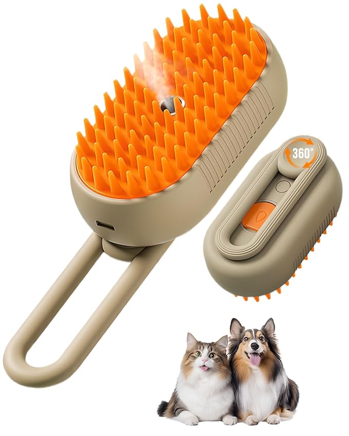 Pet Steam Brush, 2026 Upgrade 3 in 1 Self Cleaning Steam Cat Brush Pet Spray Comb, Anti-Static Pets Grooming Spray Brushes with Massage Cleaning Shedding for Long Short Haired Cats Dogs (Coffee)