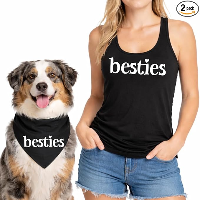 Besties Best Friends Matching Set Dog Bandana & Ladies Sleeveless Racerback Tank Top Black, Large 552