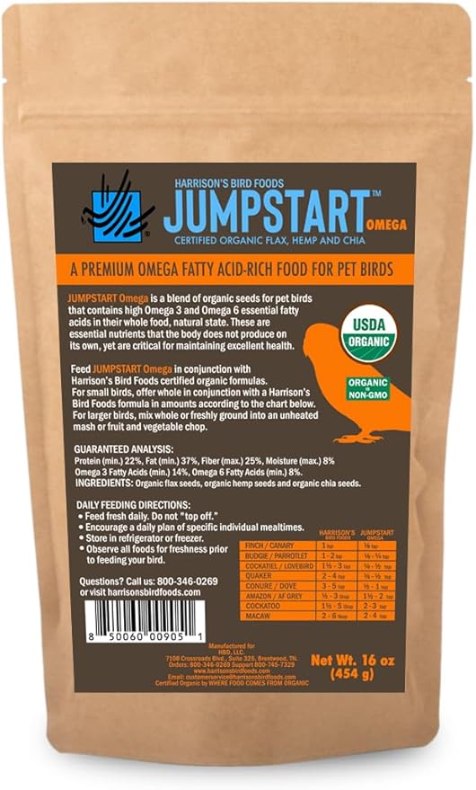 Harrison's Bird Foods Jumpstart Omega, a Premium Omega Fatty Acid-Rich Food for Pet Birds, Certified Organic Non-GMO, Daily Feed (16oz/ 454g)