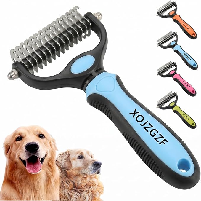 Professional Deshedding Tool for Dogs & Cats, Pet Pro Grooming Tools, Indoor Cat Double-Sided Brush Rake, Pets Hair Remover Shedding, Long Haired Dog Brushes, Undercoat Combs Supplies(Blue-L)