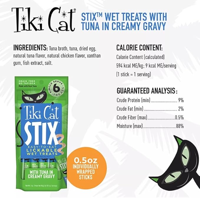 Tiki Cat Stix Wet Treats, Grain Free Lickable Smooth Mousse Blend with Tuna Creamy Gravy - Pack 6 Stix in 1 Pouch, Plus 1 Cat Pom Pom Balls Toy