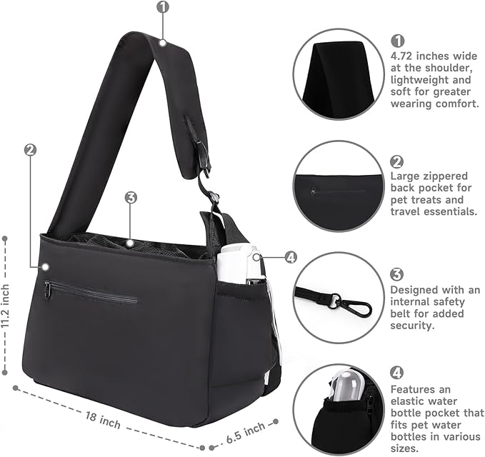 Dog Sling Carrier for Small Medium Dogs & Cats, Fits 7–18lbs, Soft Puffy Lightweight Pet Sling Carrier with Adjustable Padded Strap and Storage Pocket, Hands-Free for Travel, Hiking & Outdoor Black