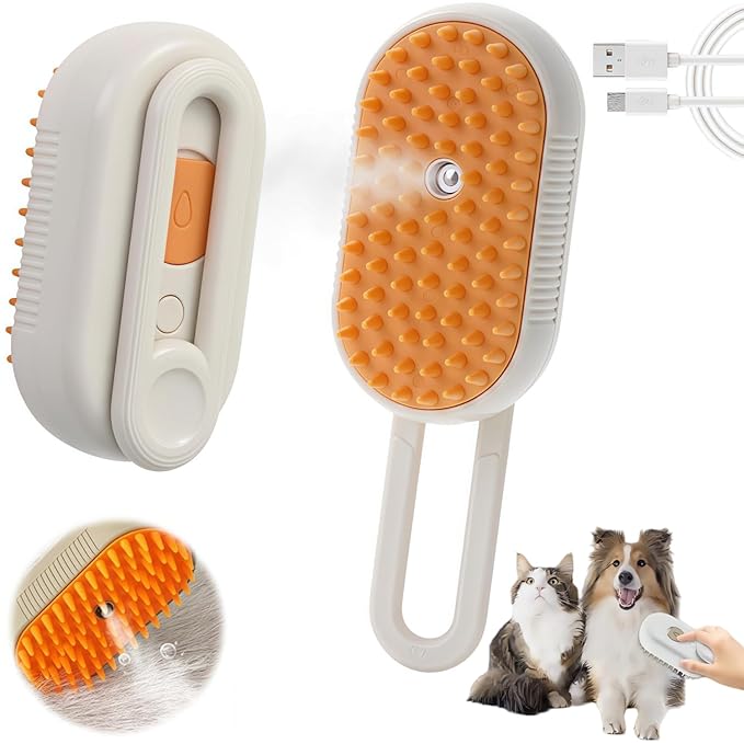 4 in 1 Cat Steam Brush for Shedding, Rechargeable Pet Groomer Brush with Steam, Multifunctional Anti-Static Hair Removal Comb for Cats and Dogs, Used for Massage, Cleaning, Shedding & Combing (Khaki)