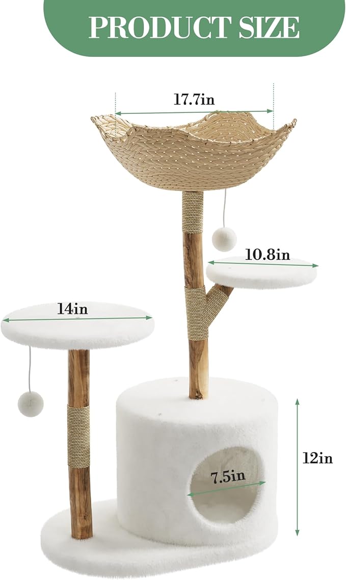 GAOMON 46" Modern Cat Tree for Large Cats, Real Solid Wood Branch Luxury Cat Condo with Scratching Post and Cat Bed, Boho Aesthetic Luxury Pet Furniture