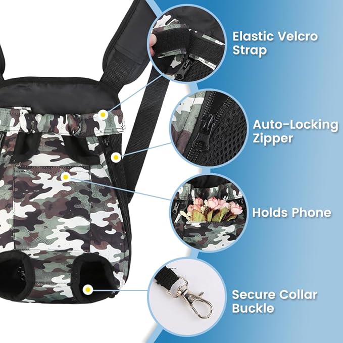 Dog Backpack Carrier, Front Pocket for Essentials, Legs Out Carrying Sling Travel Bag for Small Medium Dogs 2.5-4 Lbs, Soft Wearable Puppy Chest Carry Backpacks for Walking/Hiking/Camping/Traveling
