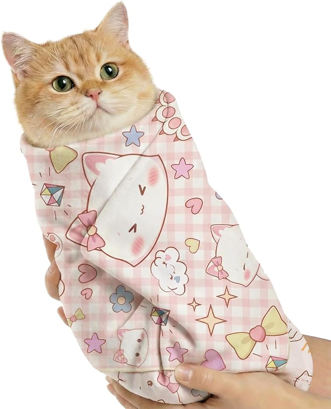 BFNN Cat Grooming Wrap for Cutting Nails, 31.5" Anti-Escape Calming Cat Swaddle Wrap for Medicine, Nail Clipping, Teeth Brushing, Ear Cleaning, Self-Adherent Burrito Restraint, (Happy Kitty, XL)