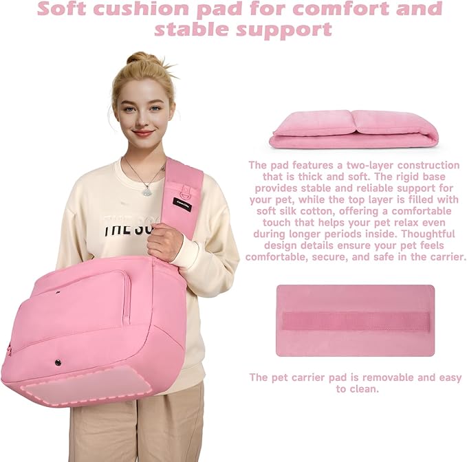 Dog Sling Carrier for Small Medium Dogs & Cats, Fits 7–18lbs, Soft Puffy Lightweight Pet Sling Carrier with Adjustable Padded Strap and Storage Pocket, Hands-Free for Travel, Hiking & Outdoor Pink