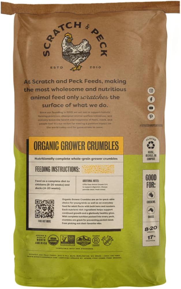 Scratch and Peck Feeds Whole Grain Grower Crumbles Chicken and Duck Feed - 25 lbs Bag - Corn-Free and Soy-Free - 17% Protein, Certified Organic and Non-GMO Project Verified