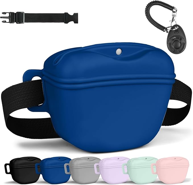 AOMIG Dog Treat Pouch with Training Clicker, 1.67 Cup Silicone Dog Treat Bag with Stronger Magnetic Closure, Portable Pouches for Pet Training Walking Premium Fanny Pack with Waist Belt(Dark Blue)