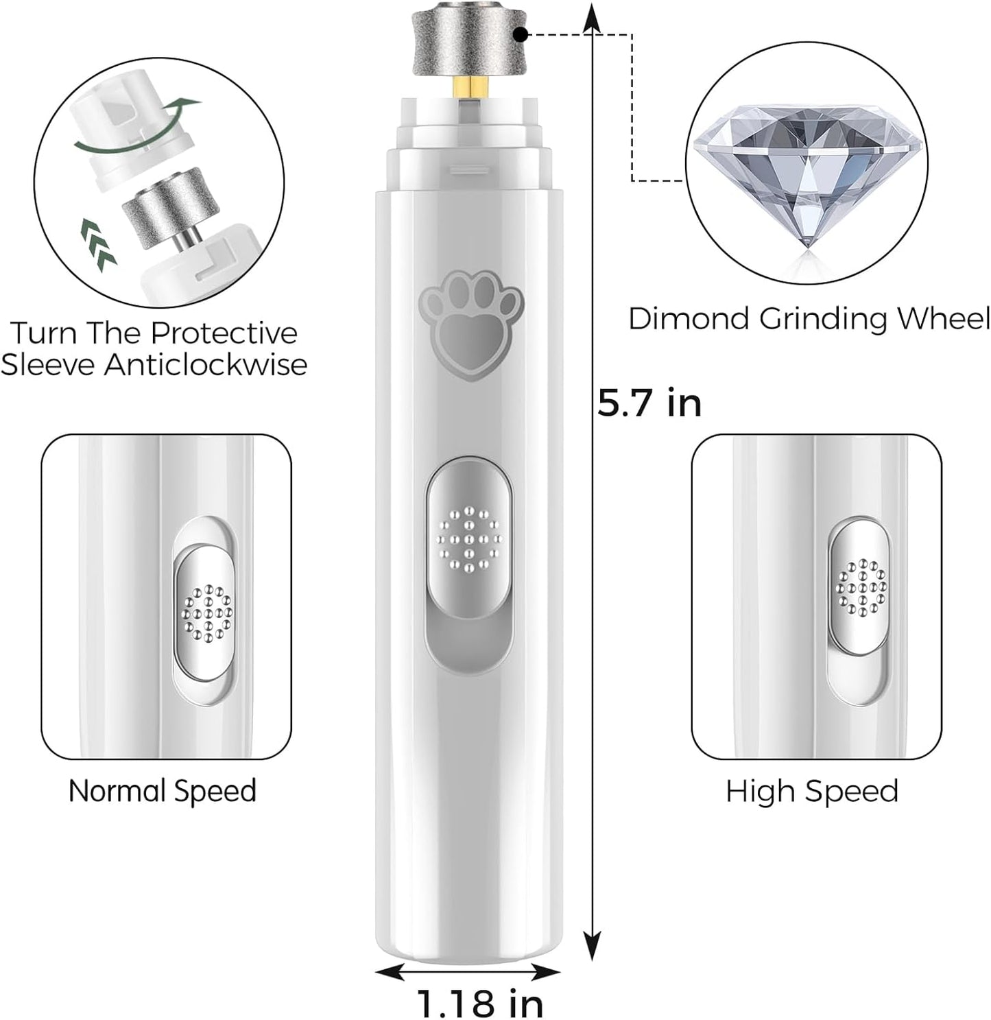 VIWIK Dog Nail Grinder, 2-Speed Rechargeable Dog Nail Trimmers for Large Medium & Small Dogs, Upgrade Professional Electric Pet Paws Nail Grinder, Quiet Puppy Grooming Tool Cat Dog Nail Dremel White