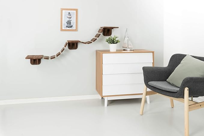 Trixie Wall Mounted Cat Bridge – Space-Saving Cat Wall Shelves for Climbing, Jumping & Vertical Play – Elevated Cat Furniture with 3 Platforms – Espresso Brown, 59.1 x 11.8 x 5.5 in