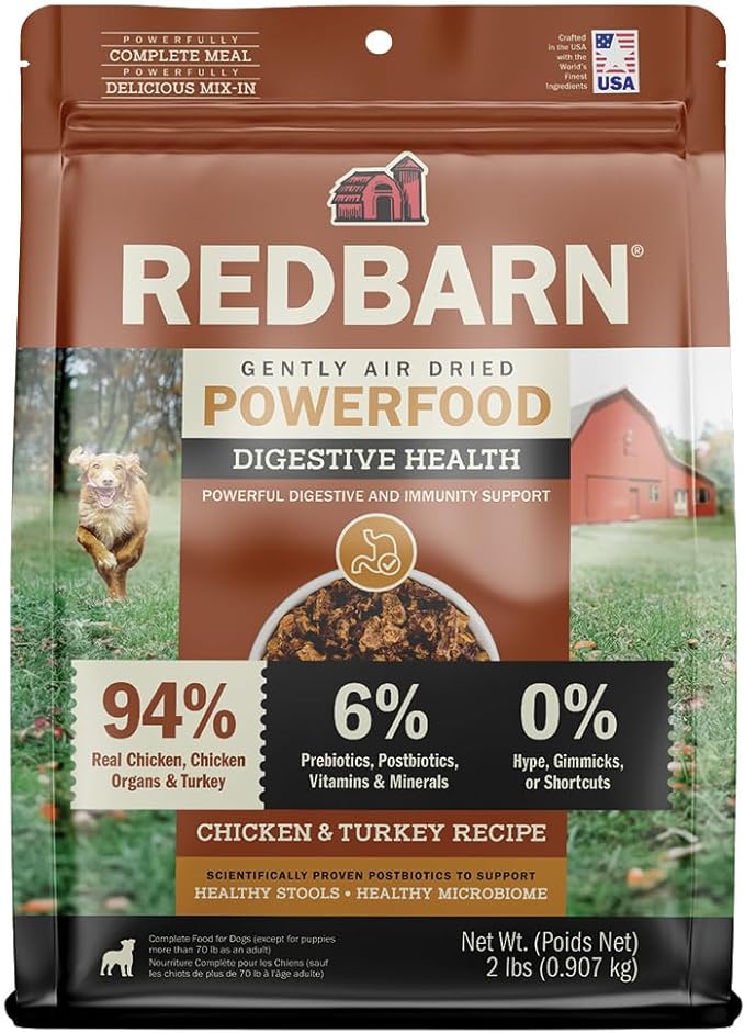 Redbarn Powerfood Air Dried Dog Food for Digestive Gut Health - 94% Chicken, Chicken Organs, & Turkey with Prebiotics & Postbiotics - Non-GMO Dry Full Feed or Topper Made in USA - 2lb
