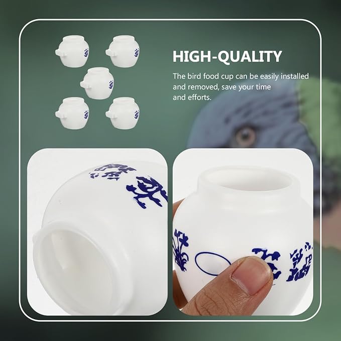 5pcs Large Round Parrot Food Bowls Blue and White Porcelain Pattern, Bird Cage Feeding Cups for Parakeet and Cockatiel Supplies