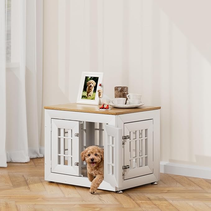 Snuowu 26" Heavy-Duty Dog Crate Furniture for Small/Medium Dogs, Rustic Wooden Dog Cage Kennel Indoor Furniture, Decorative Pet House End Table, White & Wood
