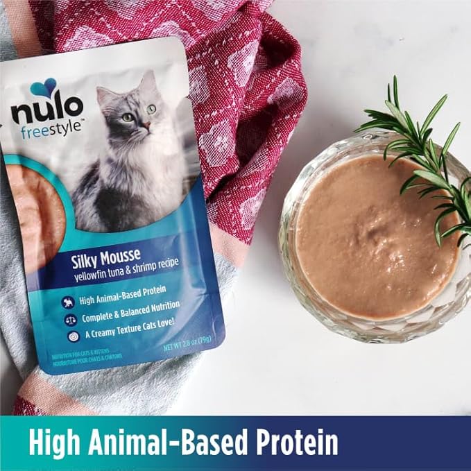 Nulo Freestyle Wet Cat Food Silky Mousse - Yellowfin Tuna & Shrimp, High Protein Grain-Free Cat Food Pouches for Kitten, Adult & Senior, 2.8oz Pouches (24 Pack)
