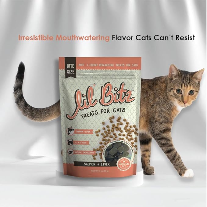 Lil' Bitz Soft & Chewy Cat Treats, Bite Size Rewarding Treats for Cats, Made with Natural Ingredients, Salmon & Liver Flavor, Perfect for Training & Bonding, 6 Pack (3 oz Each)
