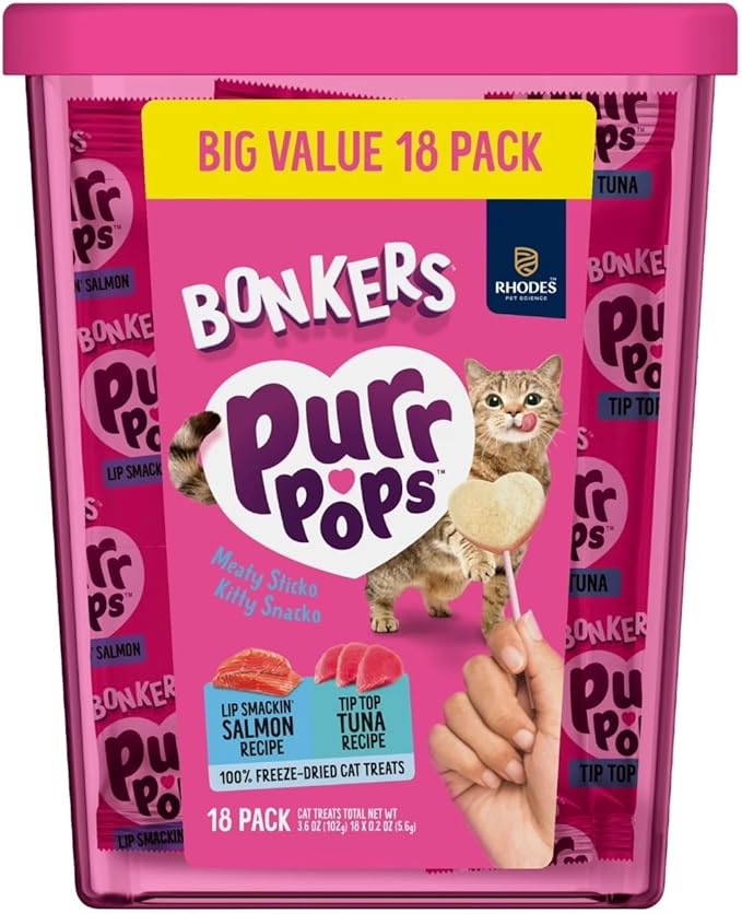 Bonkers Purrpops Freeze-Dried Cat Treats, 2-18 Pack Variety Bundle with Salmon & Tuna, Catnip & Chicken Flavors, Plus 2 Cat Pom Pom Balls Toy