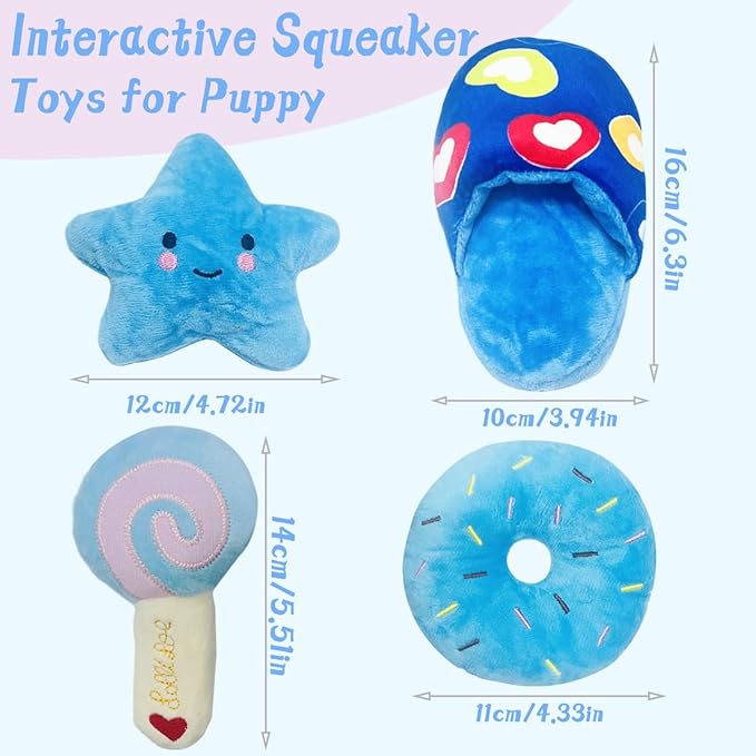 Soft Dog Toys for Small Dogs, 4 Packs Cute Chew Toys for Puppy, Durable Soft Plush Small Dog Toys, Blue Stars Designs, Puppy Toys