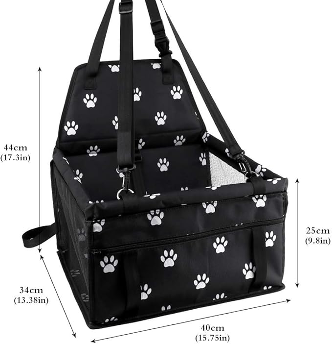 Petbobi Pet Reinforce Car Booster Seat for Dog Cat Portable and Breathable Bag with Seat Belt Dog Carrier Safety Stable for Travel Look Out,with Clip on Leash with PVC Tube, Black Paw Print