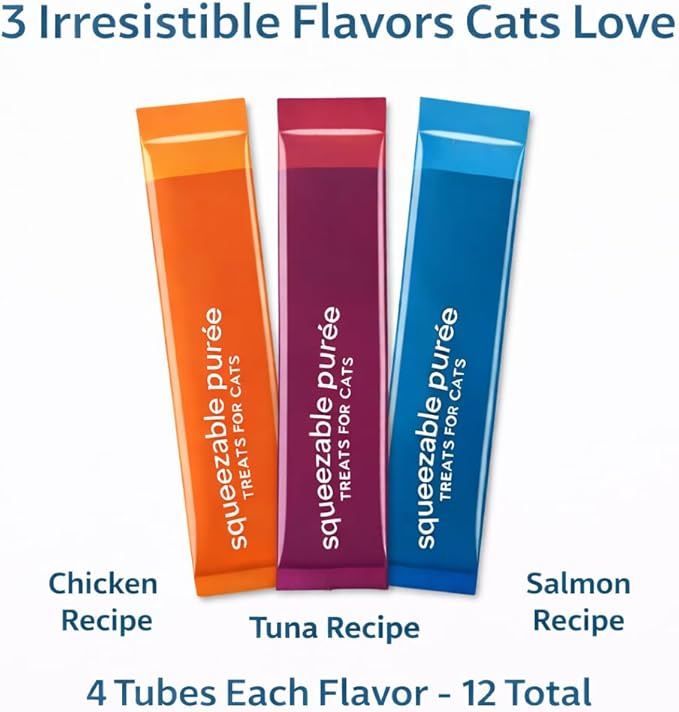Lickable Squeezable Cat Treats Grain Free Puree Variety Pack 12 Tubes Total Chicken Tuna Salmon Creamy Wet Treats for Picky Eaters Kittens Adults High Protein High Moisture Food Topper Bonding Snack