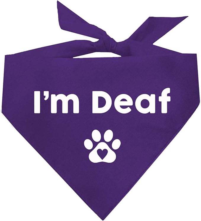 I'm Deaf Dog Bandana | 100% Adjustable Cotton Triangle | Made in USA | Deaf | Impaired | Hearing Loss Accessory | Warning | (Purple, XS 412)