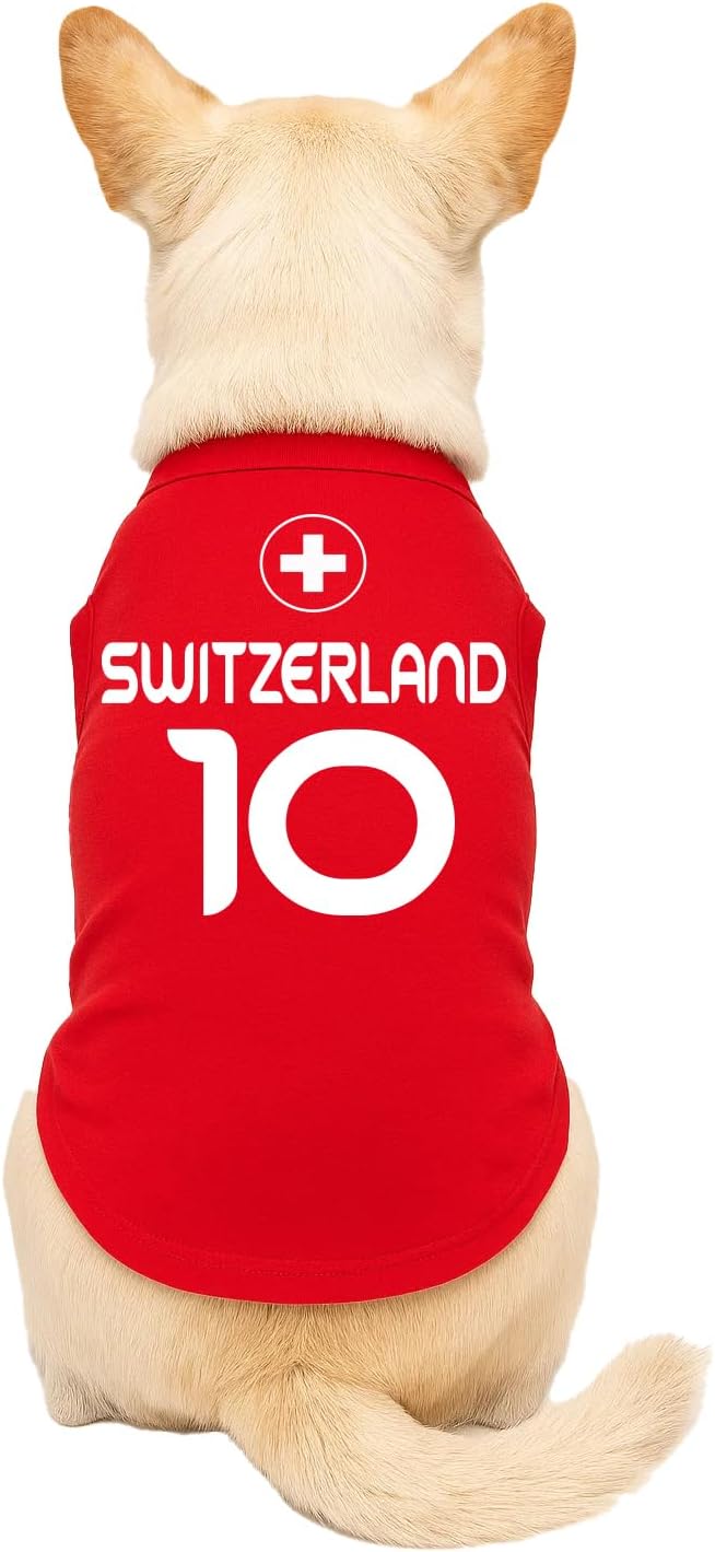 Switzerland Flag Soccer Jersey Style Dog Tee Shirt | Sleeveless Breeds | International Soccer | Game Day |Red, Medium 1794