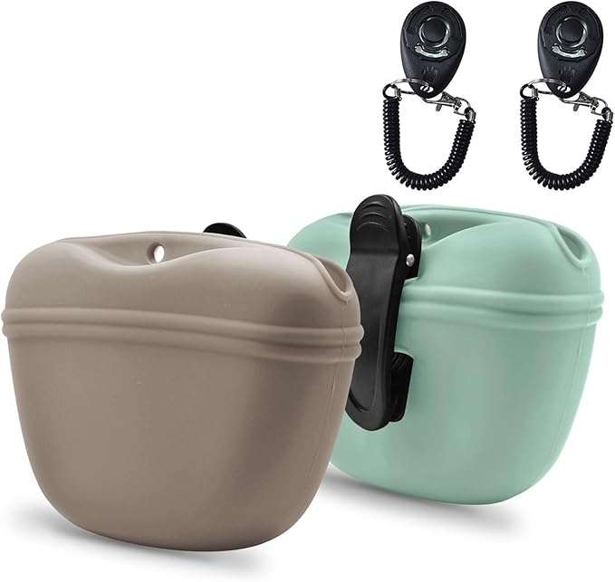 AUDWUD Silicone Dog Treat Pouch,with Dog Training Clicker,Clip on Portable Training Container,Convenient Magnetic Buckle Closing and Upgraded Waist Clip for Enhanced Stability