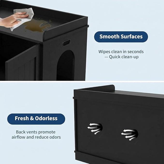 Cat Litter Box Enclosure Furniture with Barn Door & Display Shelf, Wooden Hidden Litter Box Cover, Dog-Proof Design for Multiple Cats, Modern Cat House Furniture to Fit Most Litter Boxes - Black