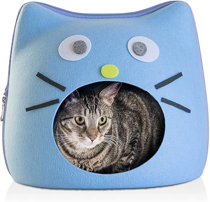Furhaven Cat Cave for Indoor Cats, Lightweight & Stackable - Cat Shaped Face Décor Felt Cubby Hideaway - Light Blue, One Size