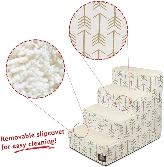 Majestic Pet 4 Step Portable Dog Stairs for Small Dogs to get on Bed Supports 250 lbs or Less – Dog Steps for High Bed with Machine Washable Cover –Pet Stairs for Cats Arrow White/Gold