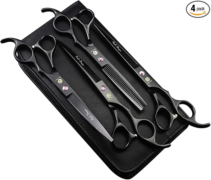 Purple Dragon Professional 7.0 inch 4PCS Pet Grooming Scissors Kit Japan Premium Steel Straight, Curved & Thinning Blade Dog Hair Cutting Shears Set with Case