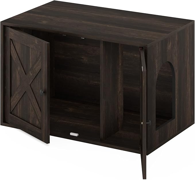 Furinno PELI Cat Litter Box Enclosure, Farmhouse Hidden Litter Box Furniture with Side Entrance, Wooden Pet House with Slatted Door, Easy Assembly, for Living Room, Ebony
