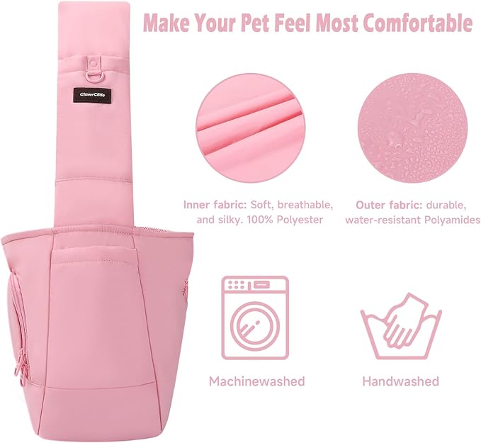 Dog Sling Carrier for Small Medium Dogs & Cats, Fits 7–18lbs, Soft Puffy Lightweight Pet Sling Carrier with Adjustable Padded Strap and Storage Pocket, Hands-Free for Travel, Hiking & Outdoor Pink