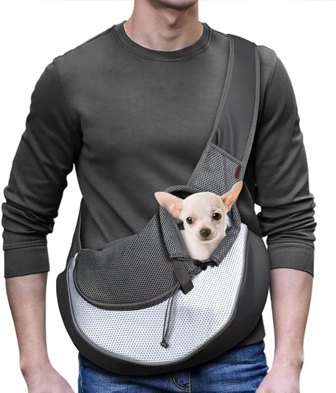 YUDODO Pet Sling Carrier for 5-9 lbs Small Dogs & Cats – Hands-Free Puppy Carrier with Safety Hook, Large Zipper Pocket, Soft Breathable Mesh, Adjustable Strap & Reflective Strip (Gray 1.0 M)
