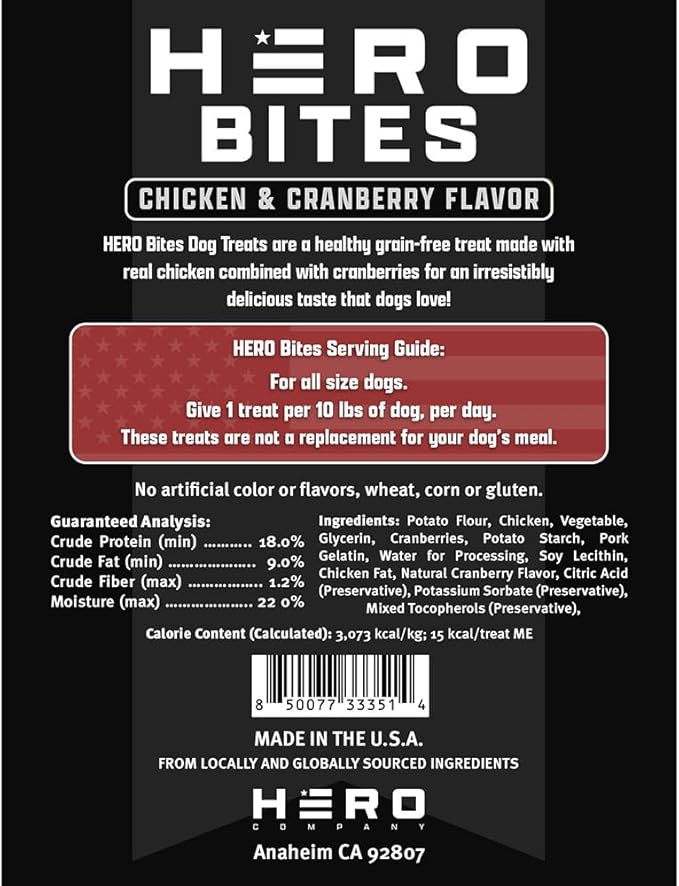 Hero Bites Healthy Dog Treats with Chicken and Cranberry - Grain-Free, Gluten-Free, No Artificial Colors or Flavors - Helps Fund Snacks for Service Dogs - 6oz