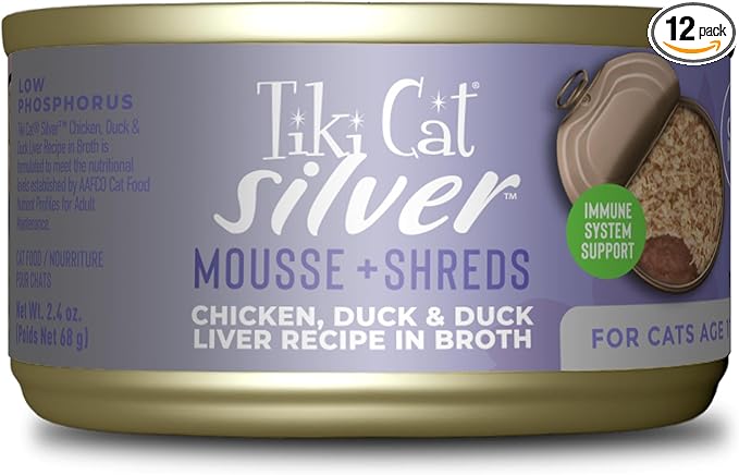 Tiki Cat Silver Comfort Mousse + Shreds, Chicken & Duck and Duck Liver, Immune System Support Formulated for Older Cats Aged 11+, Senior Wet Cat Food, 2.4 oz Cans (Pack of 12)