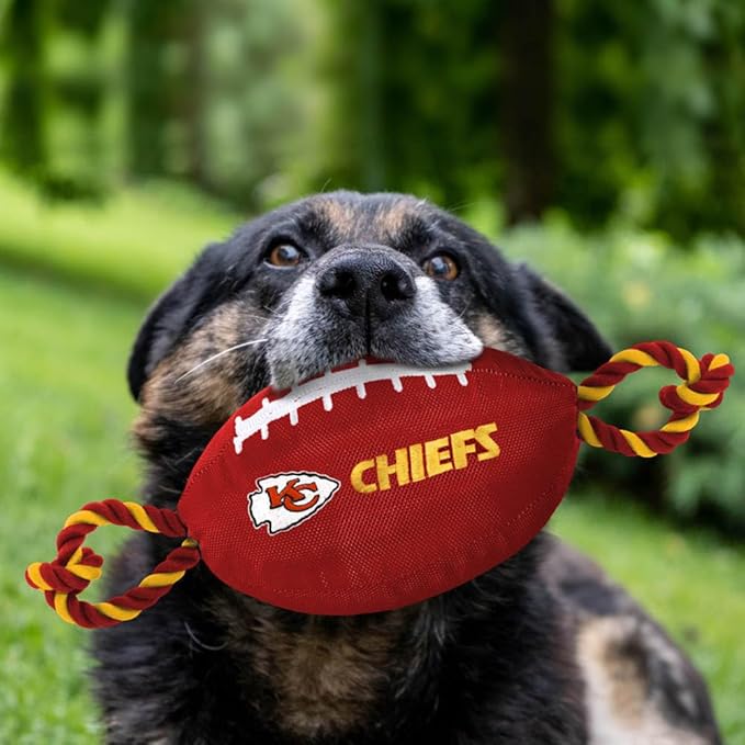 Pets First NFL Kansas City Chiefs Football Dog Toy, Tough Quality Nylon Materials, Strong Pull Ropes, Inner Squeaker, NFL Team Color