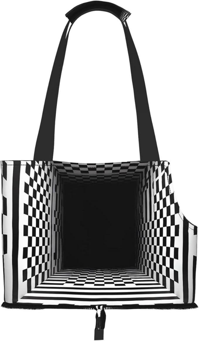 3D Black and White Checkerboard Tunnel Print Foldable Pet Tote Bag, Shoulder Carrier for Small Dogs and Cats