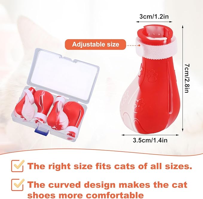 Gosknor 4pcs Cat Feet Covers, Adjustable Anti-Scratch Anti-Bite Silicone Kitten Paw Claw Caps Boots for Nail Trimming Bathing Checking Multifunctional Pet Grooming Protector Products (Red White)