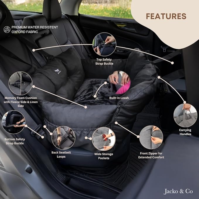 JACKO & CO Premium Dog Car Seat – Safe & Cozy Travel Bed Carrier for Small Dogs, Puppies, Pets, Clip-On Leash, Storage Pockets, Water-Resistant, Machine Wash (Black, Removable - Medium (25-40lbs))