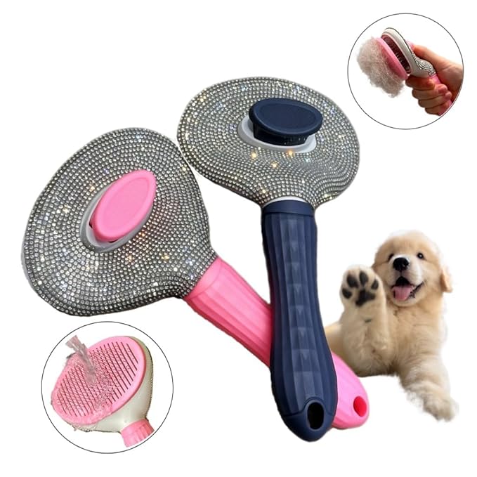 Diamond Rhinestone Cat Hair Brush Deshedding Brush Dog Hair Remover Tool Stainless Steel Comb Slicker Brush with Release Button for Dog Cat Rabbit Shedding Pets Grooming (Pink)