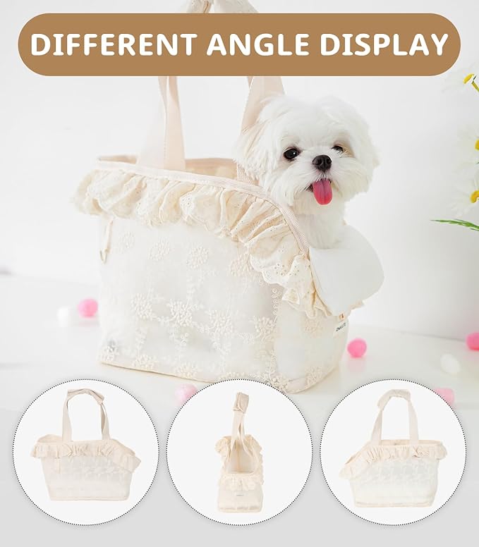 ONECUTE Dog Carrier for Small Dogs Rabbit cat with Lace Design, Cotton Bag, Dog Carrier Soft Sided, Collapsible Travel Puppy Carrier (Beige, 13" L x 6.7" W x 10.6" H)