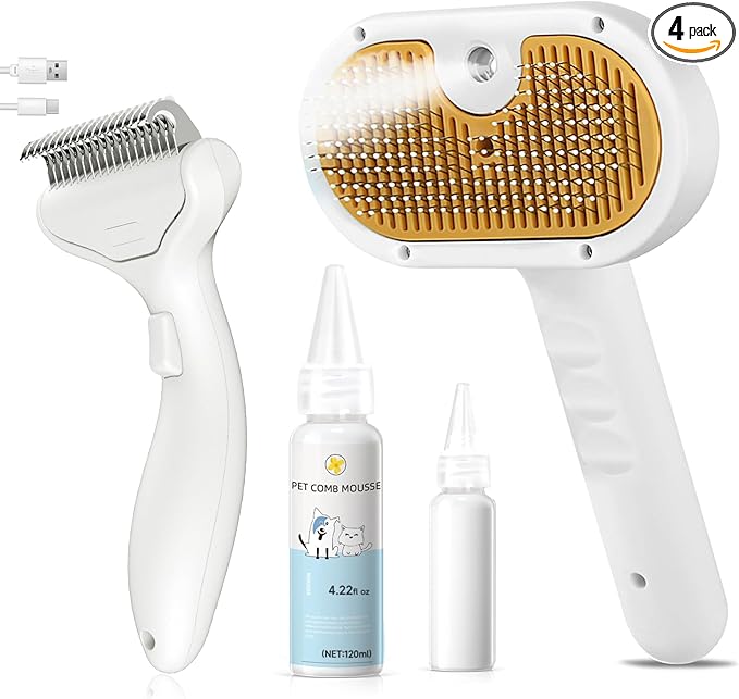 3-in-1 Pet Steam Brush Set for Dogs & Cats, Grooming Comb with Spray, Defur Tool, Water-Assisted Hair Removal, Spritz Brush, Multi-Purpose Kit, Undercoat Rake, Deshedding Brushes, Dematting Brush.
