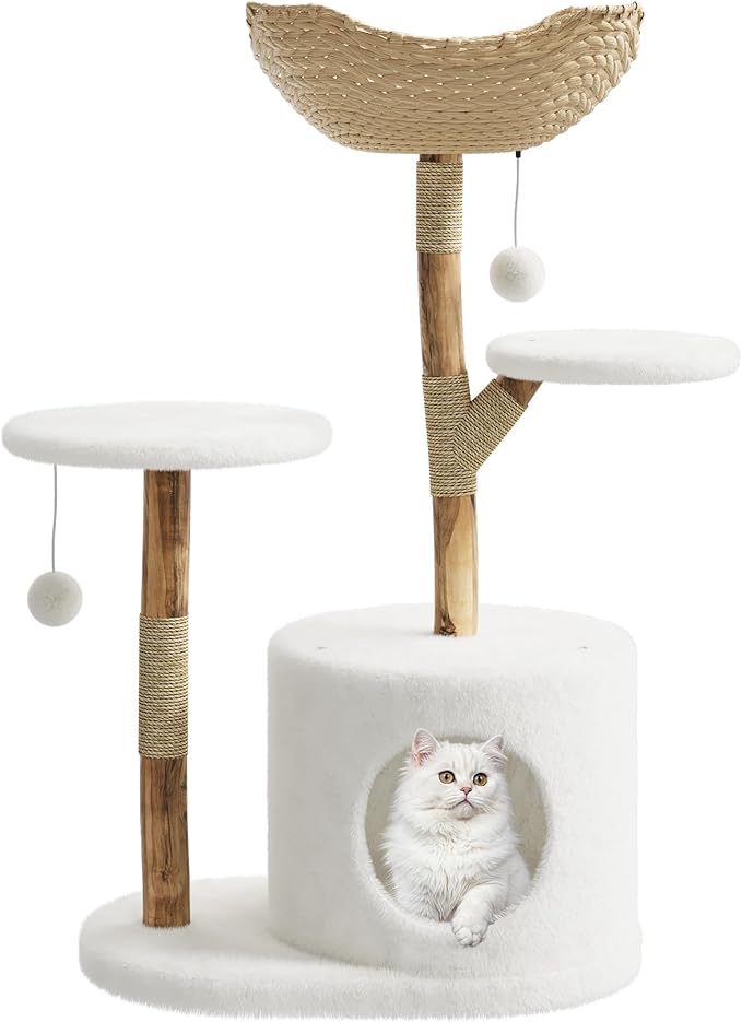 Garvee Wood Cat Tree Tower, Indoor Cat and Natural Wicker Apartment with Cat Catching Column and Bed, Aesthetic Tree Frame