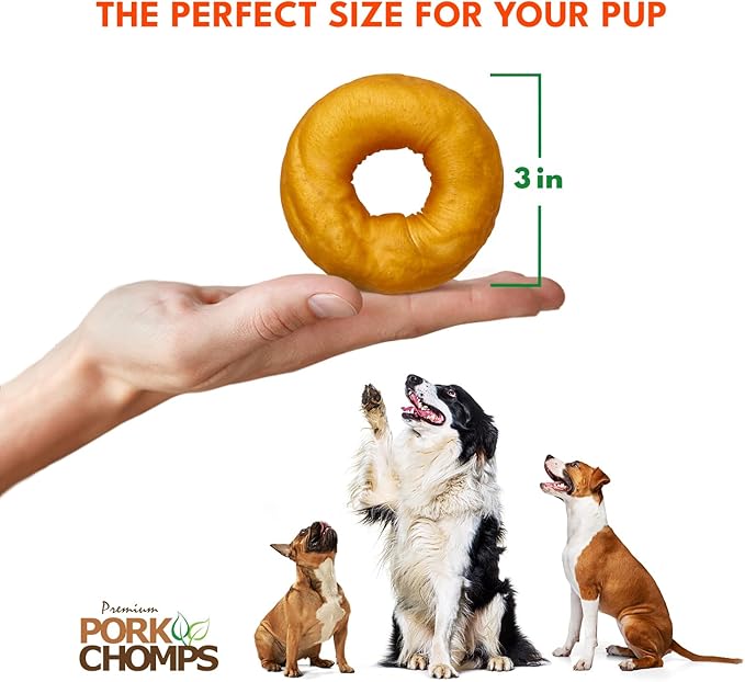 Pork Chomps Roasted Pork Skin Dog Chews, 3 Inch Donuts, Real Chicken, 2 Count, Pack of 2 - Long-Lasting Treats for Dogs - High Protein, Rawhide-Free, Low Fat, Healthy & Delicious Chews