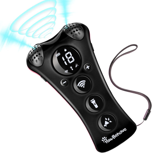 Ultrasonic Dog Bark Deterrent Device –10-Level Adjustable Anti Barking Trainer with Flashlight, Strobe, E-Clicker(18 Whistle Sounds)–No Shock, Collar-Free Dog Behavior Correction Devices