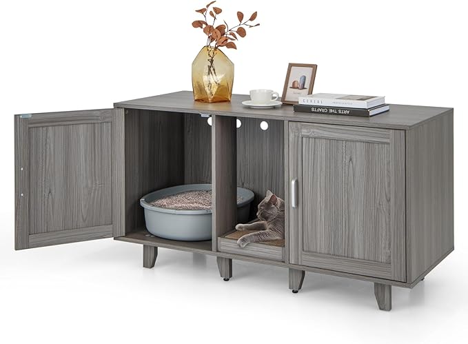 Giantex Cat Litter Box Enclosure - Cat Washroom Hidden Furniture, 2 Storage Cabinets, Removable Cat Scratcher, Air Vents, Detachable Legs, Wood Pet Crate Indoor Cat House TV Stand (Gray)