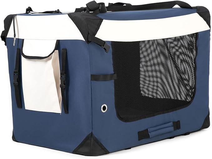 Collapsible Dog Travel Crate,Portable Soft-Sided Pet Carrier Extra Large Cat Carrier with Soft Plush Plush Mat for Indoor and Outdoor,28x20x20in,Navy Blue