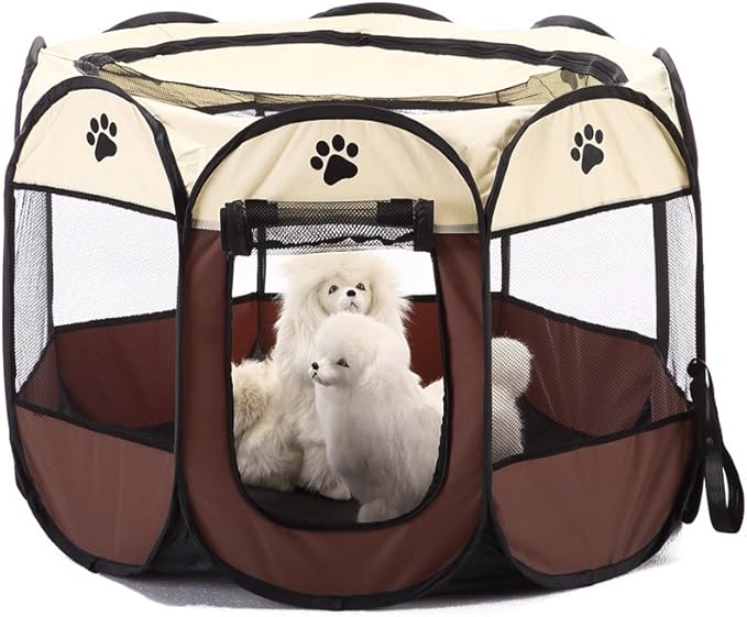 S-Lifeeling Pet Playpen Foldable Puppy Kennel Removable Dog Cat Bunny Mesh Shade Cover Portable Waterproof Bottom Collapsible Indoor Outdoor (Coffee)